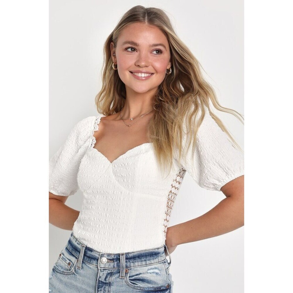 Lulus Dainty Sweetie Ivory Lace Sheer Back Puff Sleeve Top White - Size M